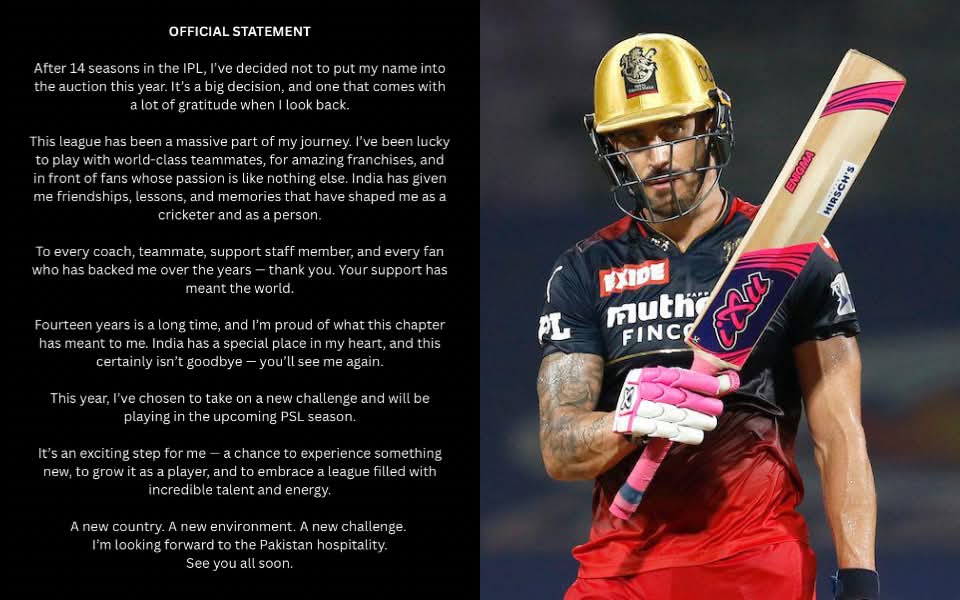 दक्षिण अफ्रिकी ब्याटर फाफ डु प्लेसिसले इन्डियन प्रिमियर लिग नखेल्ने