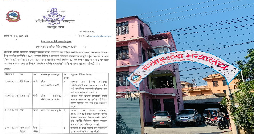 कोशी प्रदेशका आयुर्वेद अस्पतालले माग गरे विभिन्न पदका कर्मचारी