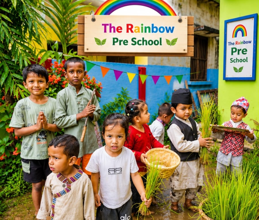राष्ट्रिय धान दिवसमा रेनबो प्रि–स्कुलका बालबालिकाद्वारा रमाइलो धान रोपाइ