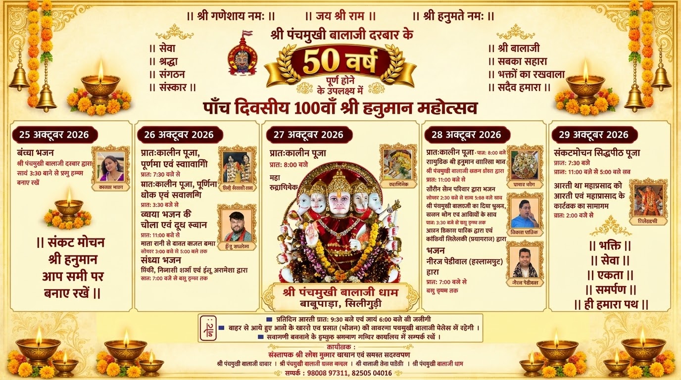 श्री पञ्चमुखी बालाजी धामको ५० वर्ष पूरा, १००औँ श्री हनुमान महोत्सव आइतबारदेखि